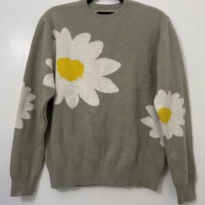 Pacsun Sweater Sage Green with Daisy Pattern Crew Neck Long Sleeve Size Small